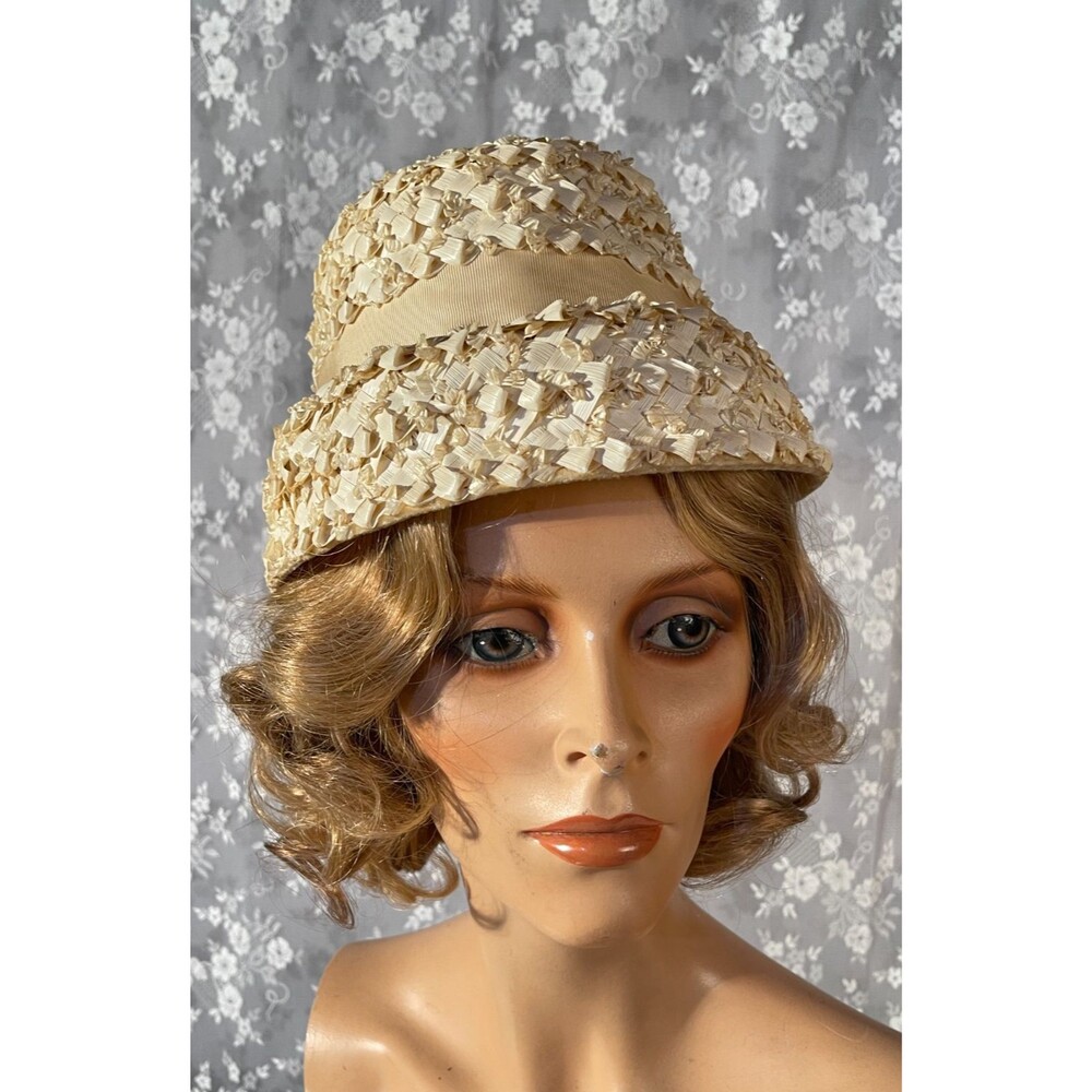 Vintage 60s Cream Straw Hat Womens Jackie O Mod Church Lady Pillbox Costume